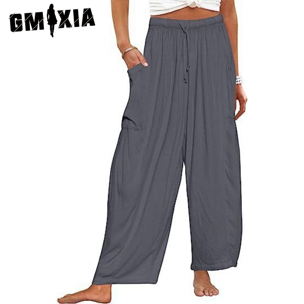 GMXIA Modne damskie spodnie i spodnie capri z wysokim stanem, na co dzień w jednolitym kolorze