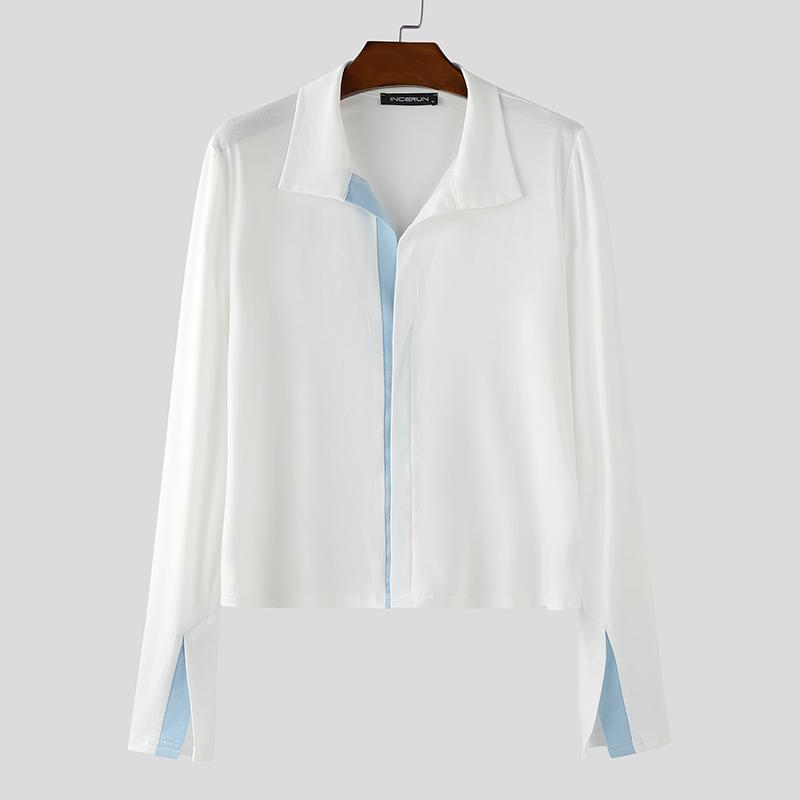 INCERUN Men Lapel Neck Long Sleeve Stitching Slightly Casual Fitted Cropped Tops Undershirts