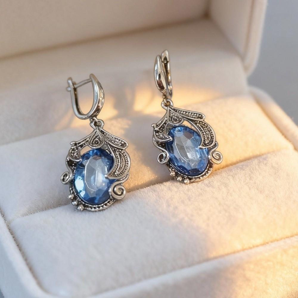 Silver-Plated Metal Zircon Drop Earrings Oval Zircon Stone Ornate Inlaid Long Drop Earrings Long Dangle Crystal Dangle Earrings