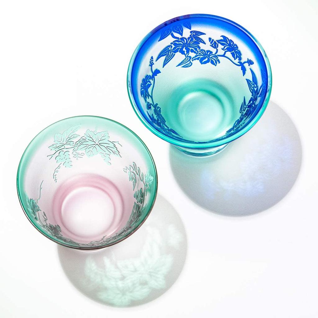 Taburo Koubou Sandgestrahltes Kunstglas Paar Old Fashioned Gläser Traube & Clematis TB3067/4167