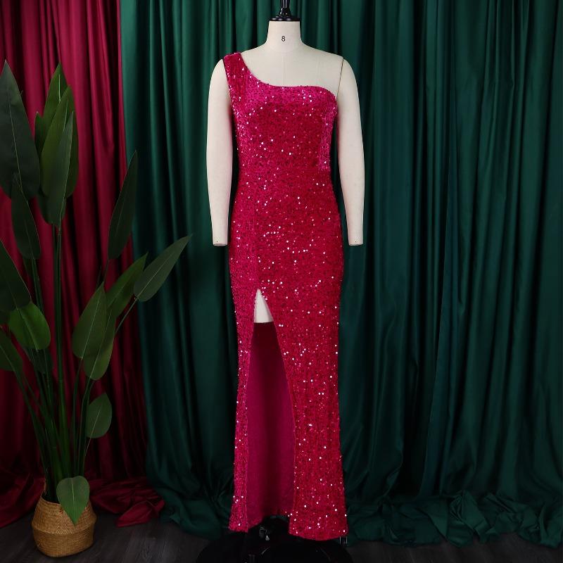 Damen Mode Ein Schulter Pailletten Schlitz Lang Sexy Formelles Partykleid