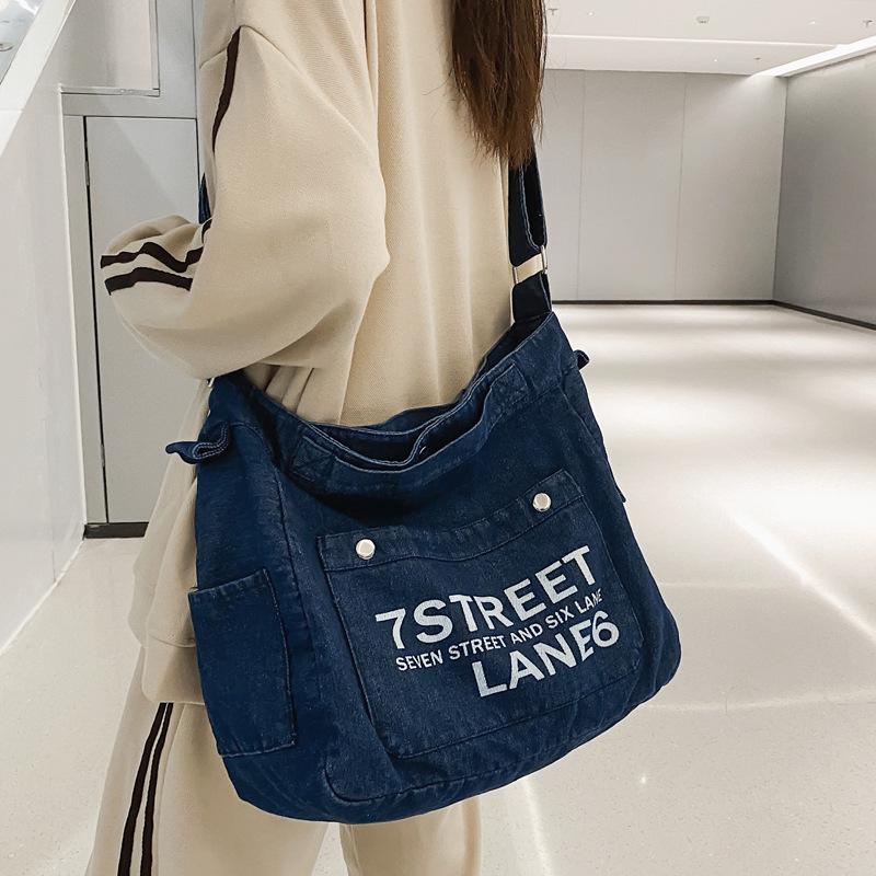 Large Capacity Denim Crossbody Bag Women's Letter Tote Bag Student Shoulder Bag