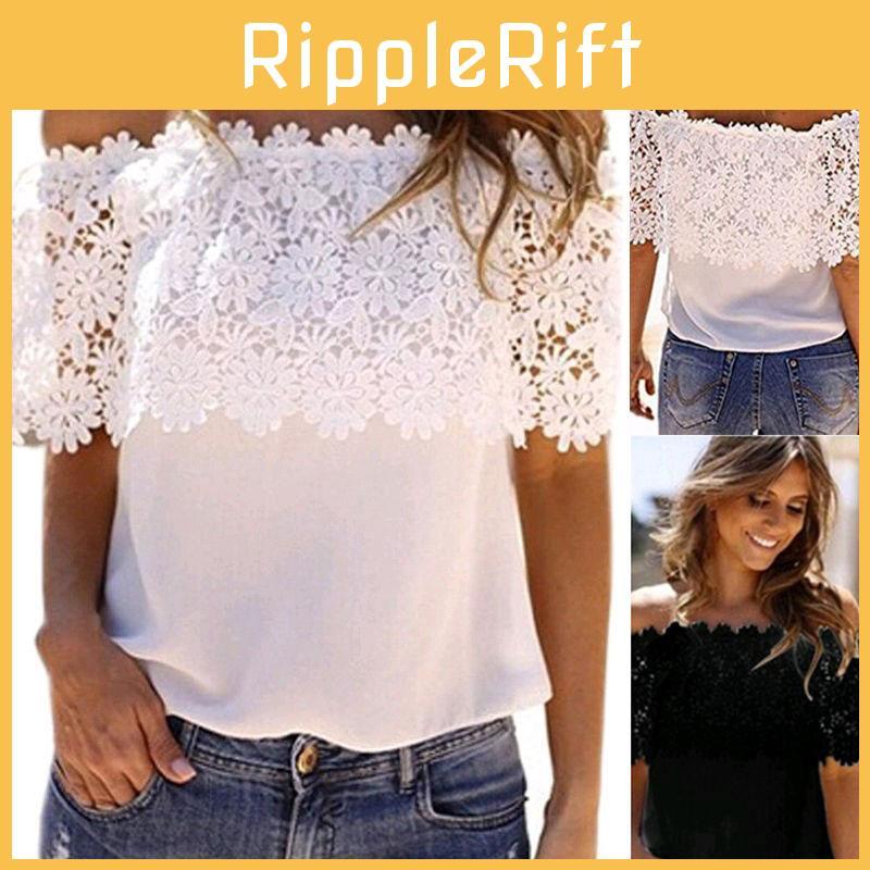 Elegantes Damen-Off-Shoulder-Kurzarm-Spitzen-Lochmuster-Freizeit-T-Shirt-Bluse für Sommerausflüge