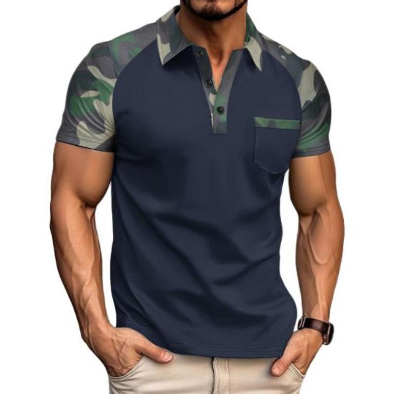 Męskie letnie topy z klapą, z krótkim rękawem, patchworkowe w kolorze kamuflażu, koszulka T-shirt z przednią kieszenią, koszulka outdoorowa