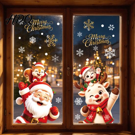 Festive Party Supplies 2Pcs Christmas Window Clings Santa Claus Elk Static Decals Reusable Glass Stickers Removable Cute Cartoon Holiday for