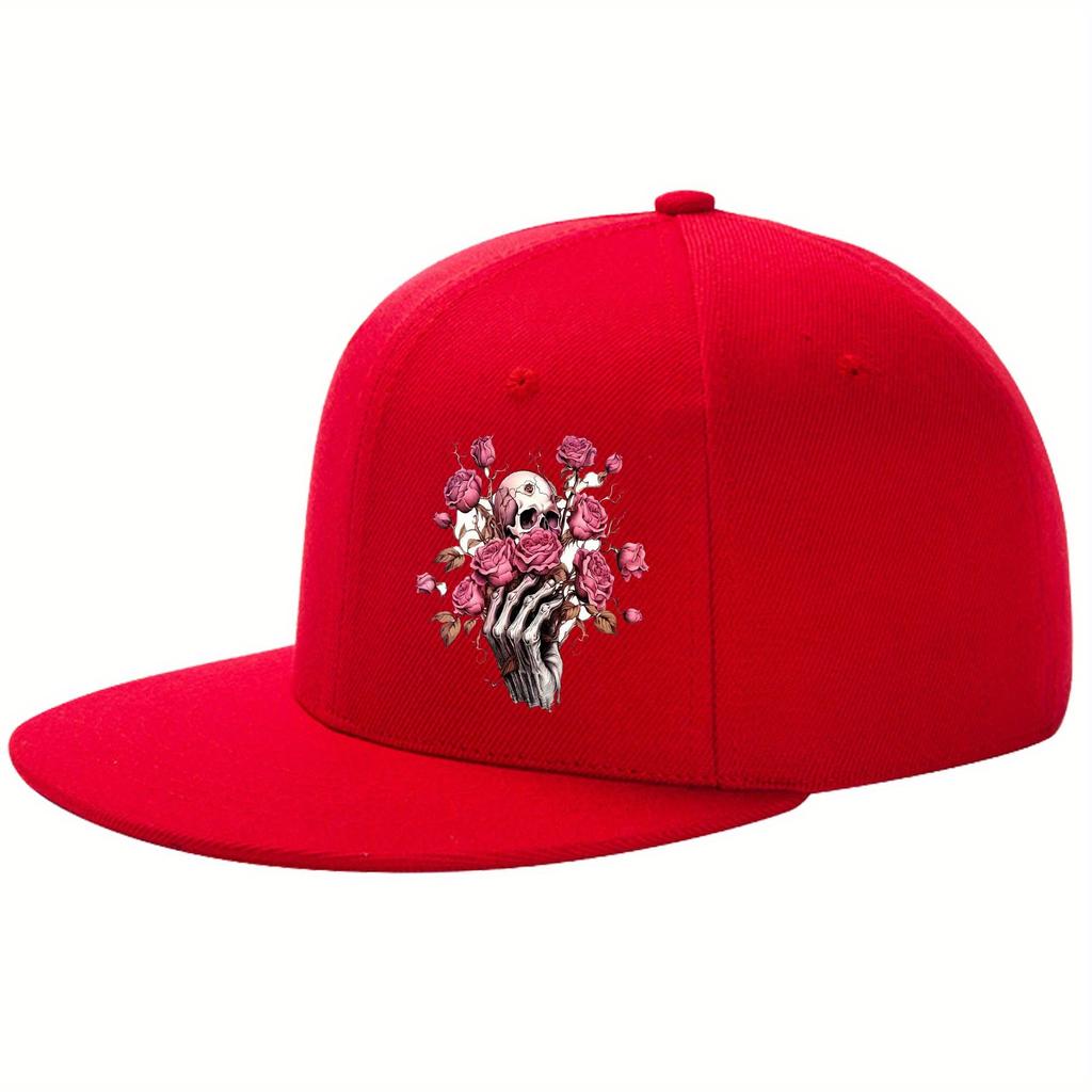 Skull and Roses Graphic Flat Brim Baseball Cap Polyester Adjustable HipHop Streetwear Hat Casual