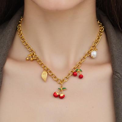 Stylish Titanium Steel Cherry Strawberry Pendant Necklace Adjustable Chain Lightweight Design Perfect For Daily Wear