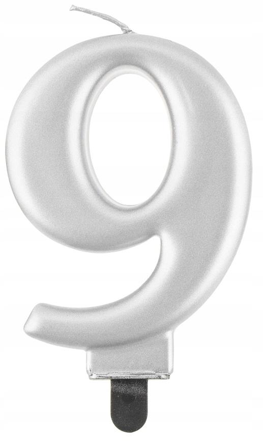Świeczka Cyferka 9, Metalik Srebrna, 8 Cm, 1 Szt.