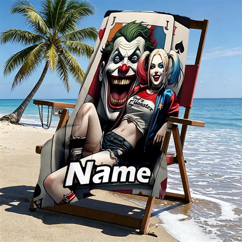 Custom Name Personalized Harley Quinn Joker Print Beach Towel, for Trip Camping Beach Party Home Decor, Birthday Gift for Family & Friends