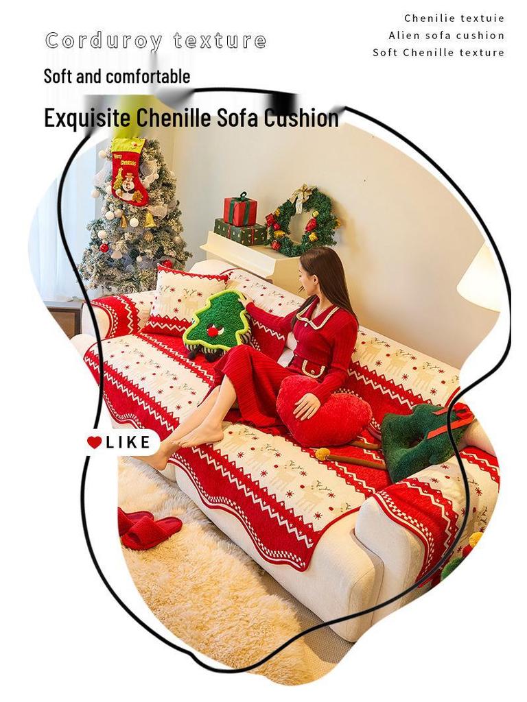 Festive Red Chenille Non-Slip Sofa Cover for All Seasons - New Year & Christmas Style
