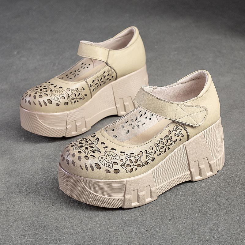 Johnature Zapatos de plataforma con punta redonda y suela gruesa para mujer, sandalias de cuña caladas cómodas Vintage de cuero genuino