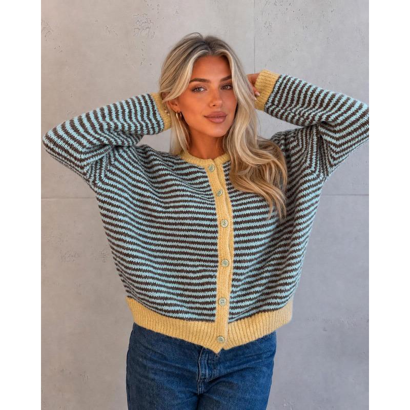 Cardigan lavorato a maglia a righe da donna con scollo rotondo, maglione casual a cappotto