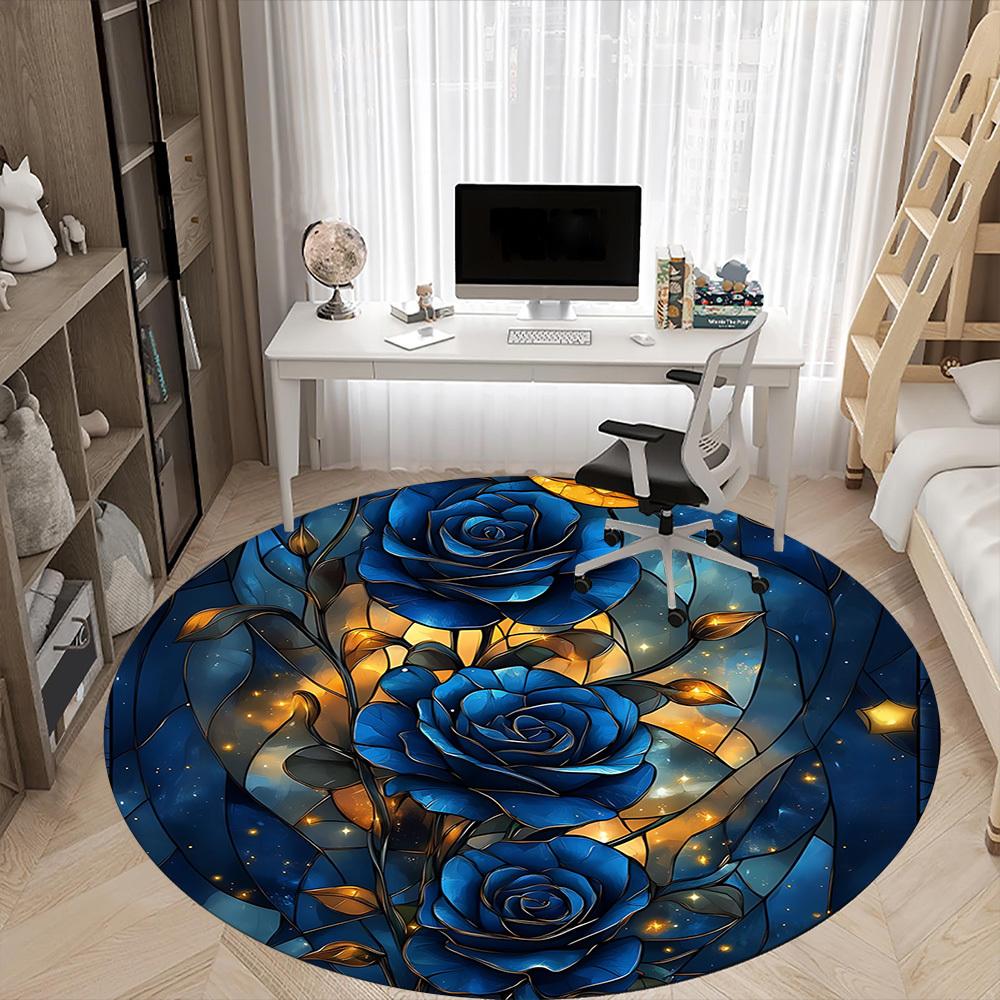 1pc Blue Roses Stained Glass Office Round Area Rug, Indoor Mat Suitable ForOffice, Under Office Chairs Bedroom Living Room Home Decor, Room Deco,  N63