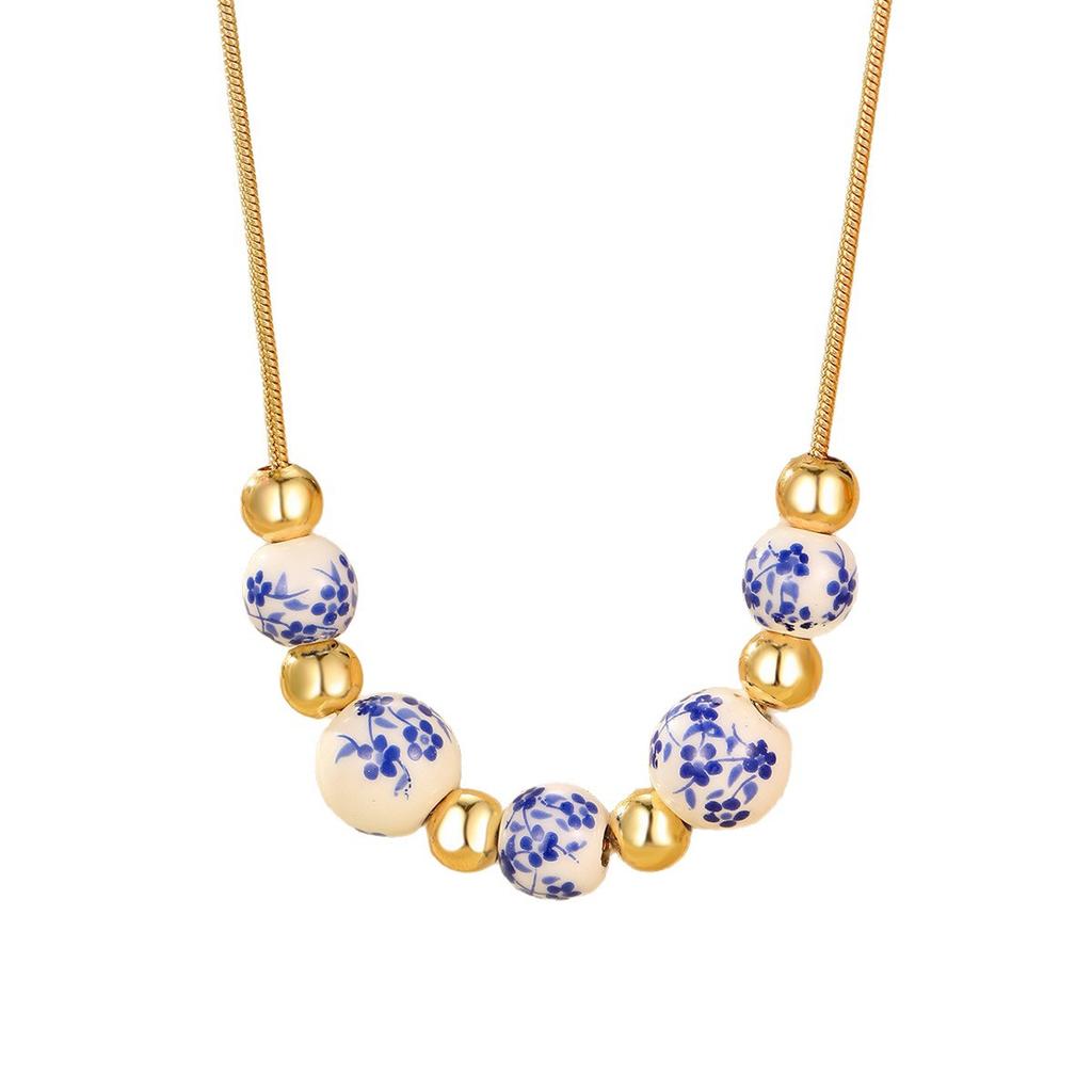 Temperament national style blue and white porcelain round bead fringed necklace, simple and versatile high-end necklace