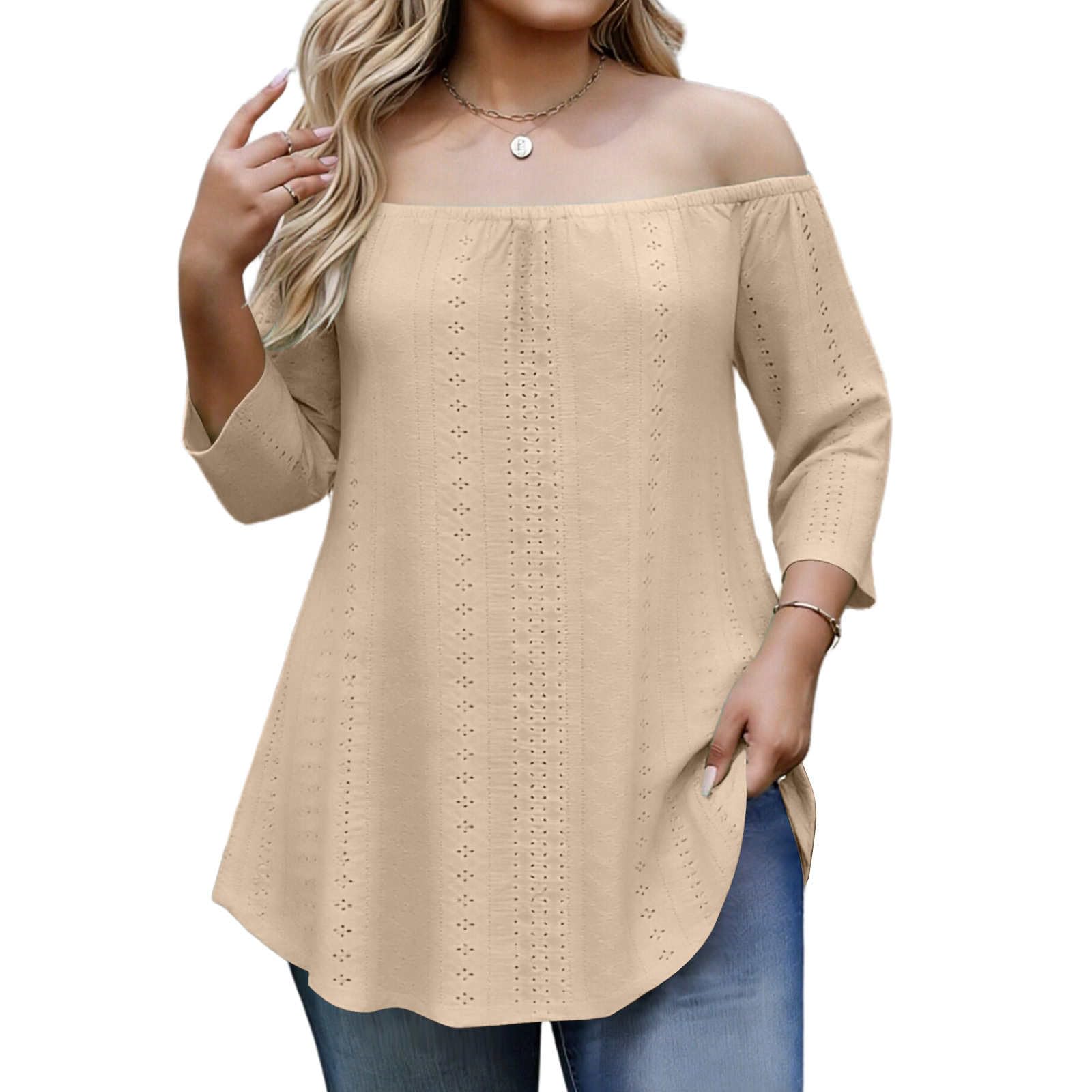 

Women Dressy Off The Shoulder Plus Size Blouse Loose Fit Casual Going Out Tops 3/4 Sleeve Tops L бежевый