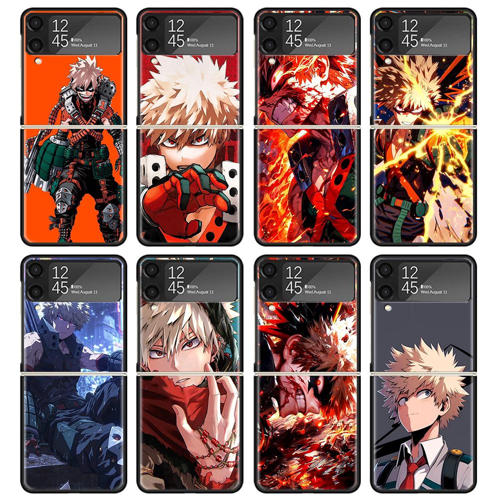 Bakugou Katsuki MHA My Hero Coque de téléphone noire Pour Samsung ZFlip7 ZFlip6 ZFlip5 ZFlip4 ZFlip3 5G Rigide Protectrice Galaxy Z Flip 3 4