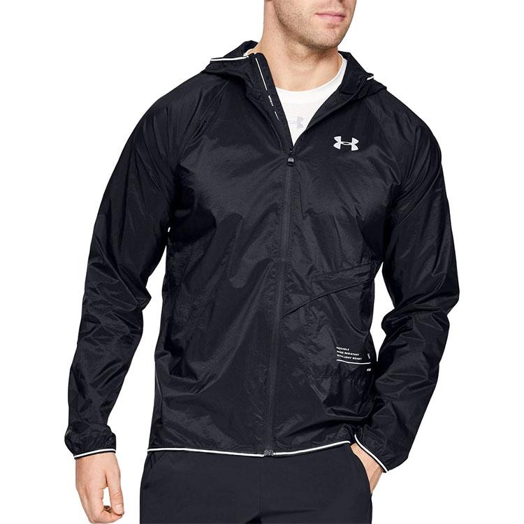 Under Armour Qualifier Storm Running Windbreaker Jacket With Hood and Logo Men Outerwear Black 1326597-001