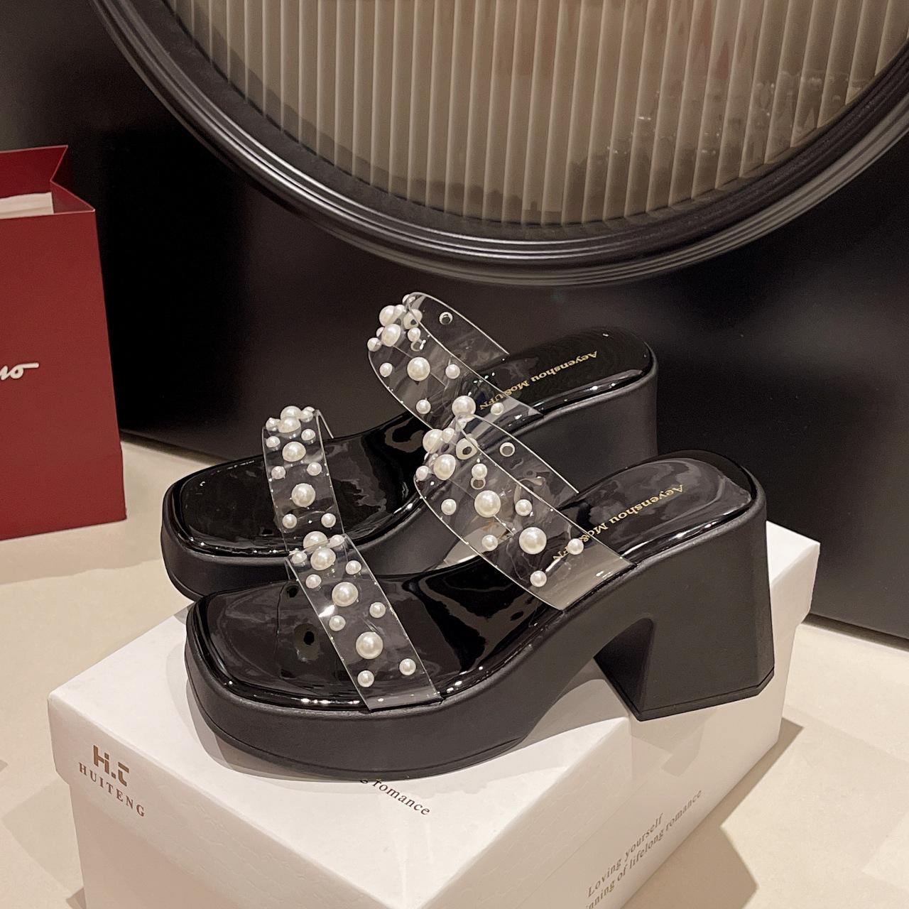 

High-heeled sandals women s 2025 summer crystal strap Korean rhinestone high-heeled slippers outside commuter skirt slippers 39 чёрный