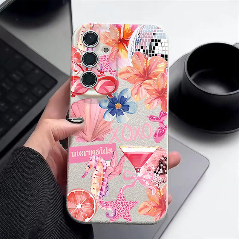 Pink Cartoon Pattern Floral Case For Samsung Galaxy A57 A56 A55 A54 5G A37 A36 A35 A34 A17 A16 A15 A14 Leather Texture Silicone Cover