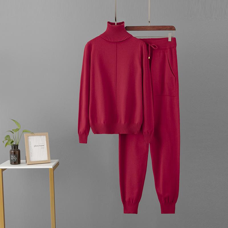 Candy Color Knitted 2 Piece Sets Women Turtleneck Knitwears Sweater Pullover Tops High Waist Casual Harem Pants Outfit
