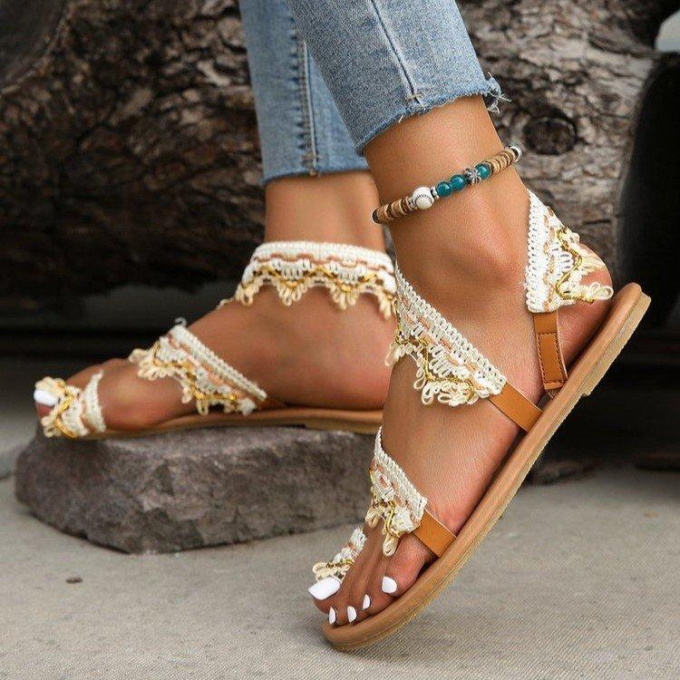Toe Flat Sandals Bohemian Style Flower Flower Flower Vacation Beach Sandals