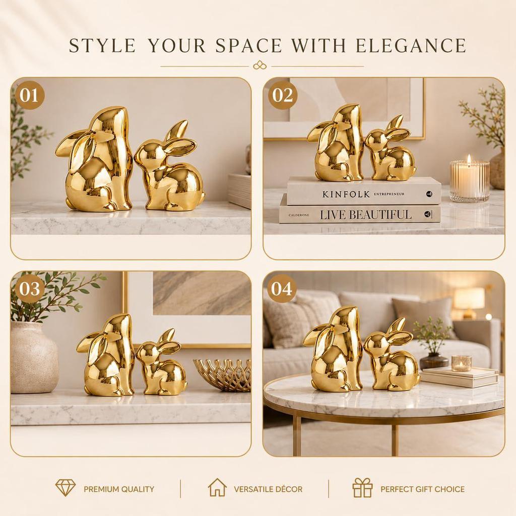 Ceramic Rabbit Figurines Set of 2, Gold Decorative Bunny Statues for Home Decor, Small Modern Animal Showpieces