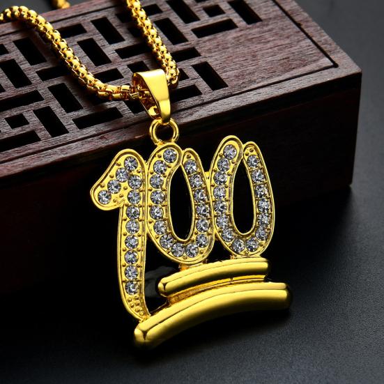 Men Hip Hop Twist Chain Rhinestone Number 100 Pendant Necklace Street Jewelry