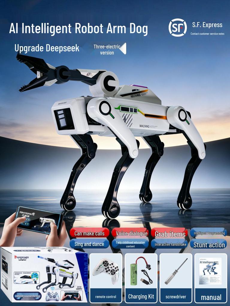 Smart AI Robot Dog with Voice Dialogue, Remote Control, Call Function, Item Pickup & Cannonball Shooter