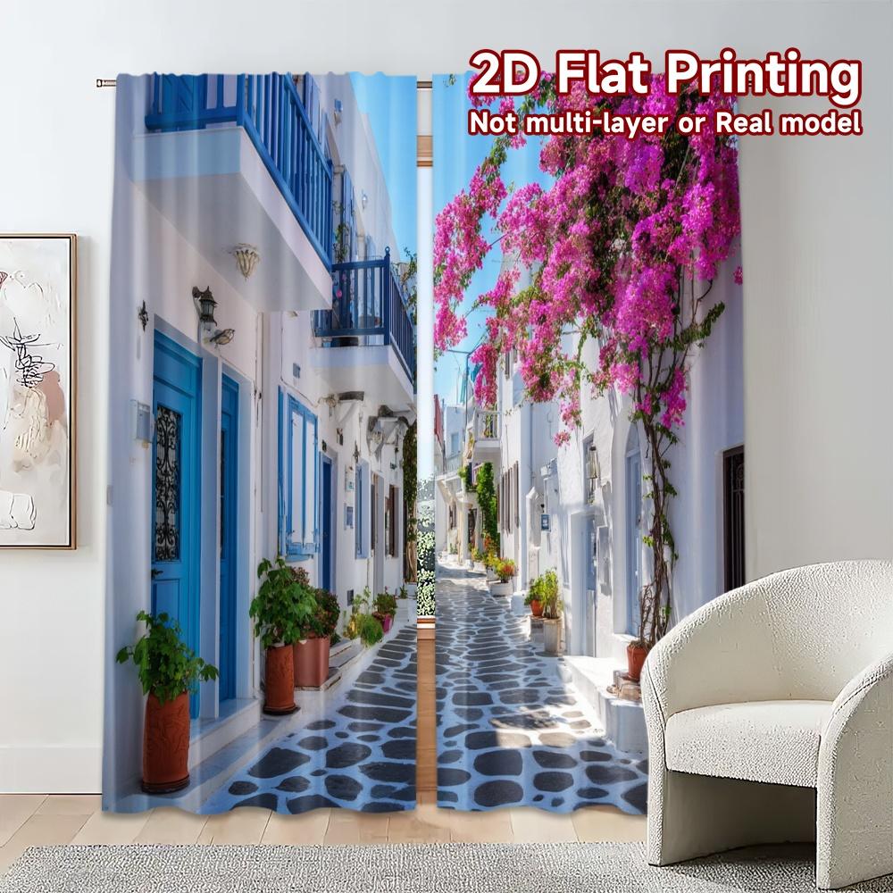 Set Of 2 Flat Printing Curtains Without Rod Blue Bloom Street Popular Durable Polyester Fabric Holiday Curtain