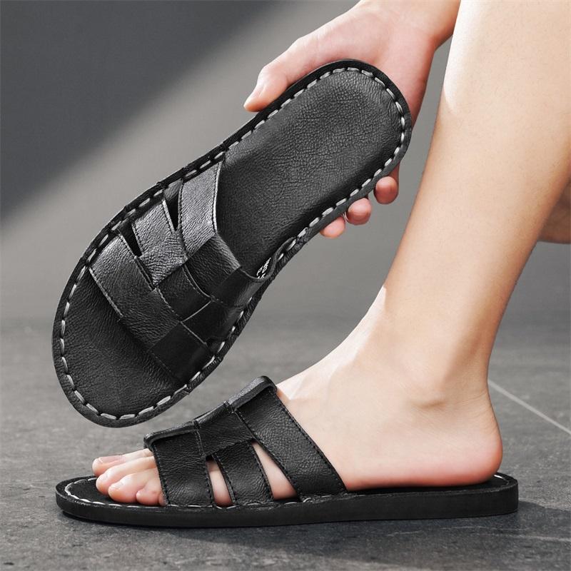 Men Slippers Handmade Simple Flats Brown Leather Sandals Black Summer Roman Sandals Open Toe Beach Shoes Plus Size