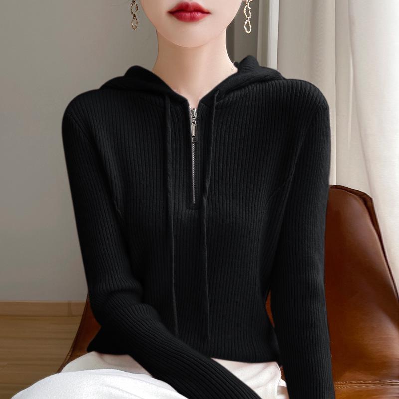 Women's Slim Fit Ribbed Wool Half-Zip Hoodie - Solid Color, Long Sleeve, Versatile for Autumn and Winter