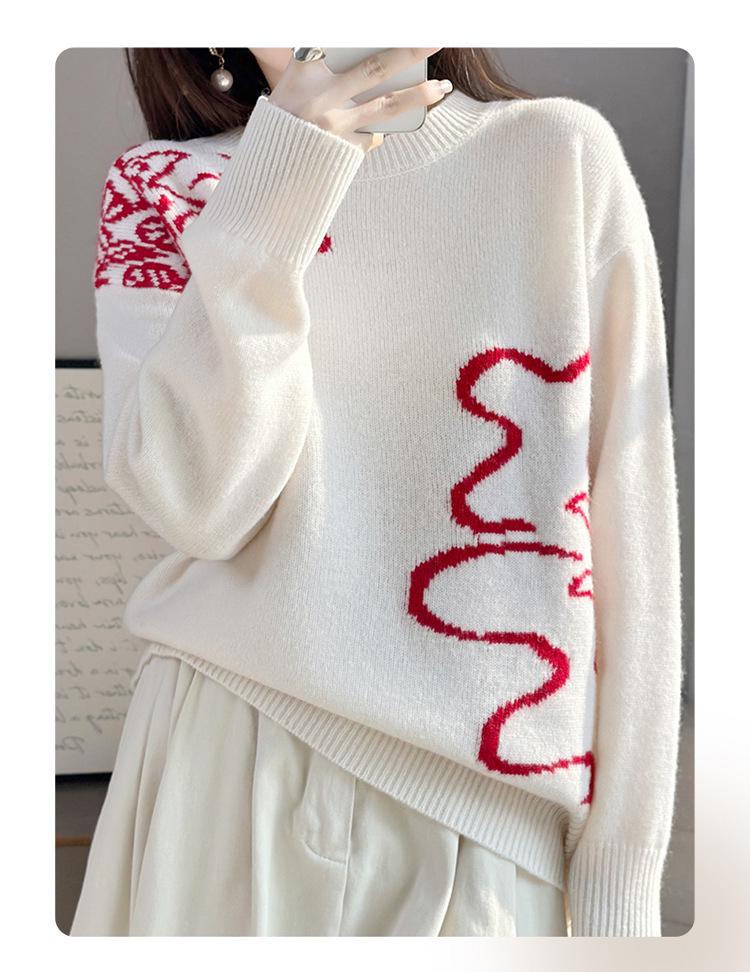 Women's Round Neck 100% Pure Wool Jacquard Knit Pullover Sweater - Warm, Slimming Autumn/Winter Top