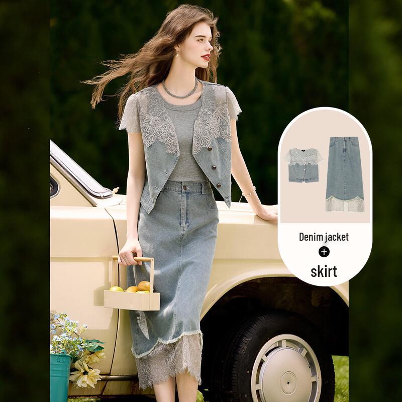 

Женский джинсовый комплект из двух предметов с кружевной отделкой M