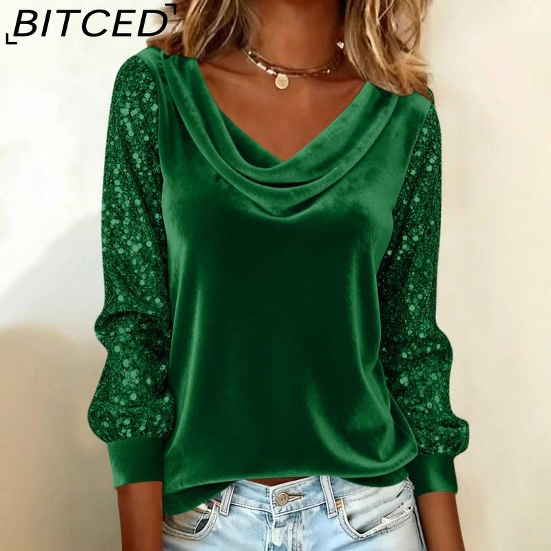 BITCED Fashion Women's Velvet Sequined Patchwork Long-Sleeved T-Shirt Top