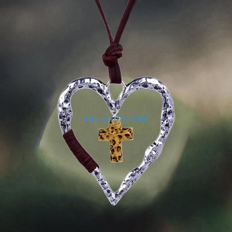 HX6F Boho Leather Chain Necklace Hollow Heart Pendant Crucifix Necklace Jewelry for CN