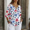 Women's V-Neck Button Three-Quarter Sleeve Casual Independence Day Print Pullover T-Shirt