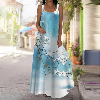 Abito lungo da donna con sottoveste, abito lungo con stampa a fiori di pero blu, primavera ed estate, tempo libero e vacanze