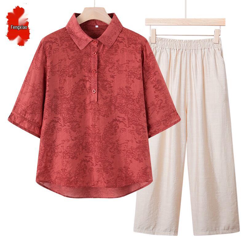 Elegant Loose Fit Cotton Linen Floral Short-Sleeve Top L