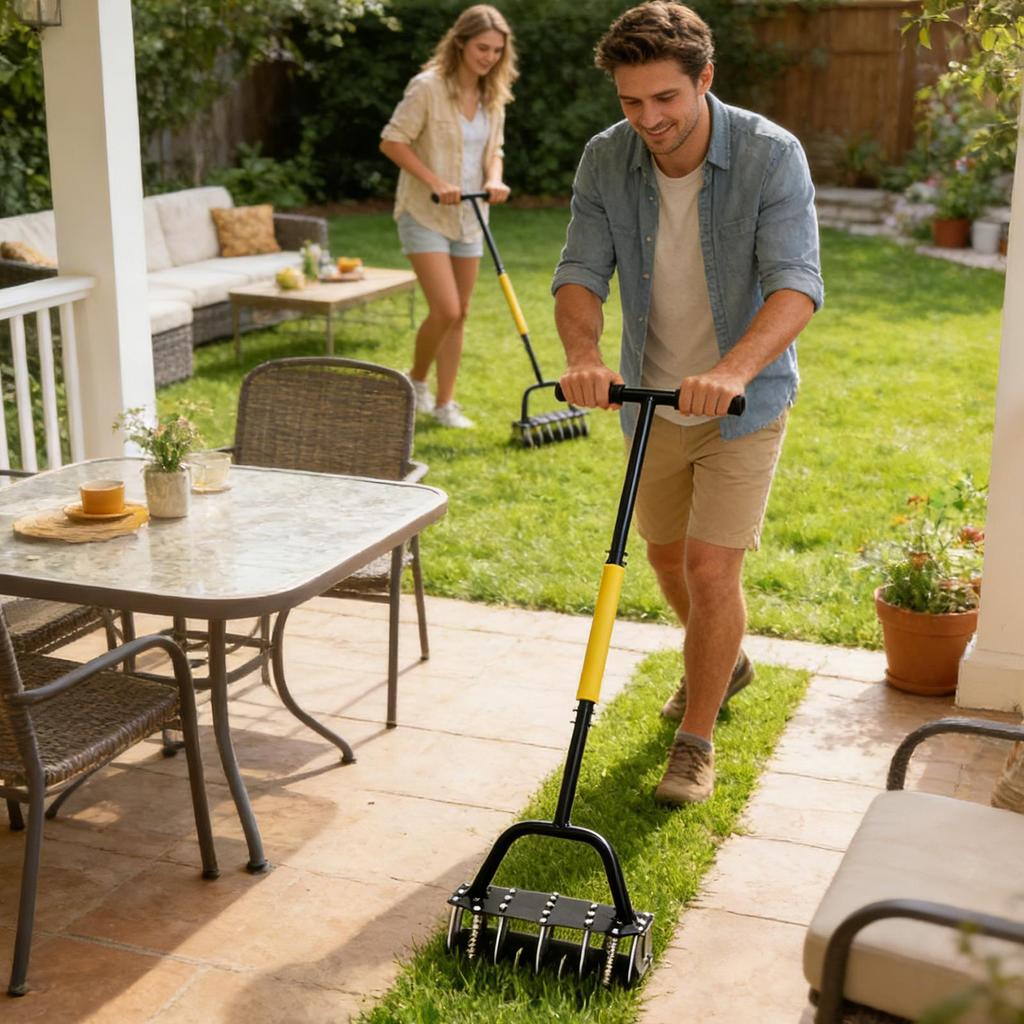 Core Aerator Lawn Tool Manual Soil Aerating Tool Spring-Loaded Design Grass Aerator with 17 Steel Spikes for Grass Maintenance