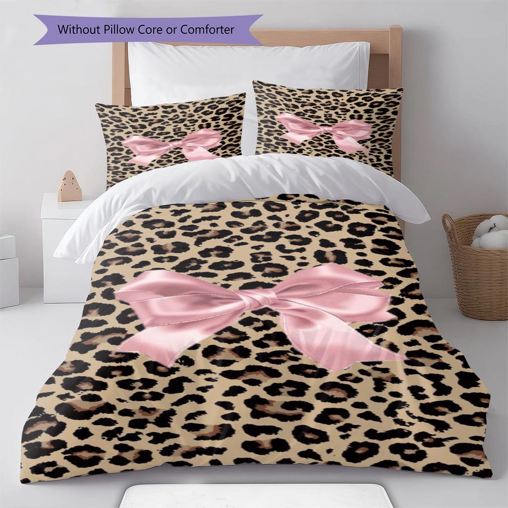 Leopard Bow Pattern Bedding Quilt Set Quilt Cover Pillowcase Home Decoration Gift (1 * duvet cover + 2 * pillowcase, without core)