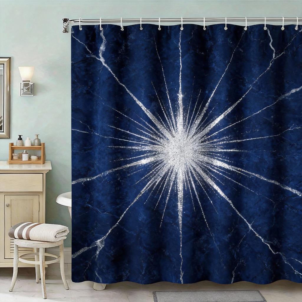 Marble Vein Shower Curtain 180x180cm – Black & White Glossy Design, Modern Minimalist Bathroom Decor, 12 Hooks