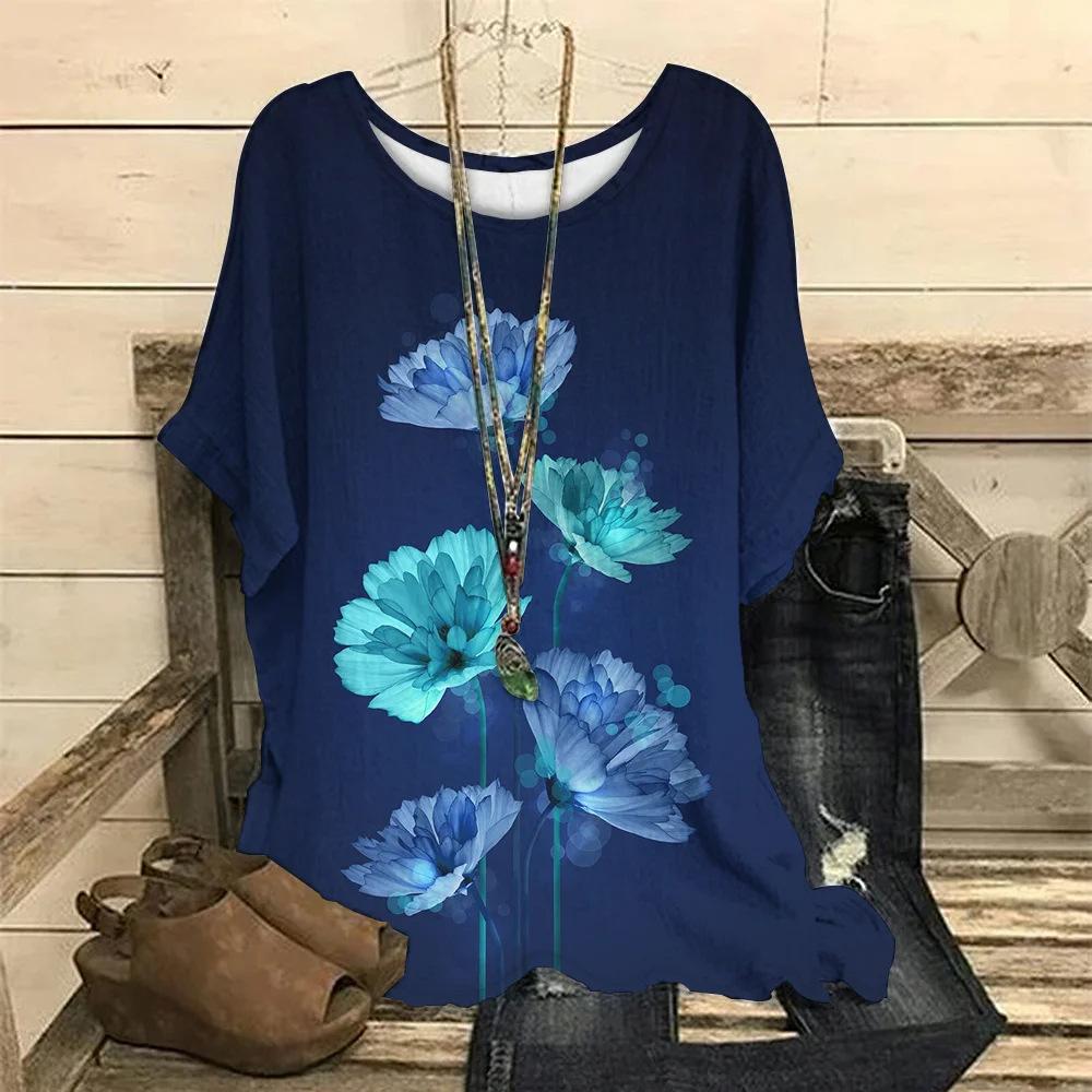 Women's T-shirt Fashion Small Floral 3D Digital Print Round Neck Five Quarter Sleeve T-shirt