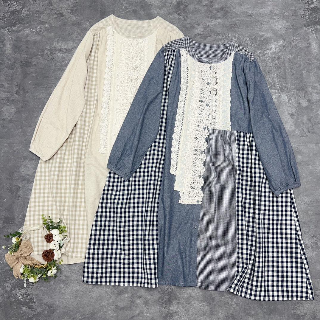 

Johnature Японское кружевное лоскутное клетчатое хлопковое платье в винтажном стиле с длинным рукавом в клетку Осенние платья для женщин One Size чёрный