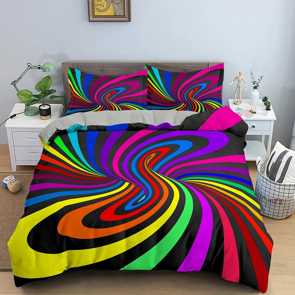 3D abstraktní povlak na přikrývku King Queen Size Barevné vlnité povlečení Set Psychedelický geometrický měkký povlak na přikrývku s povlakem na polštář