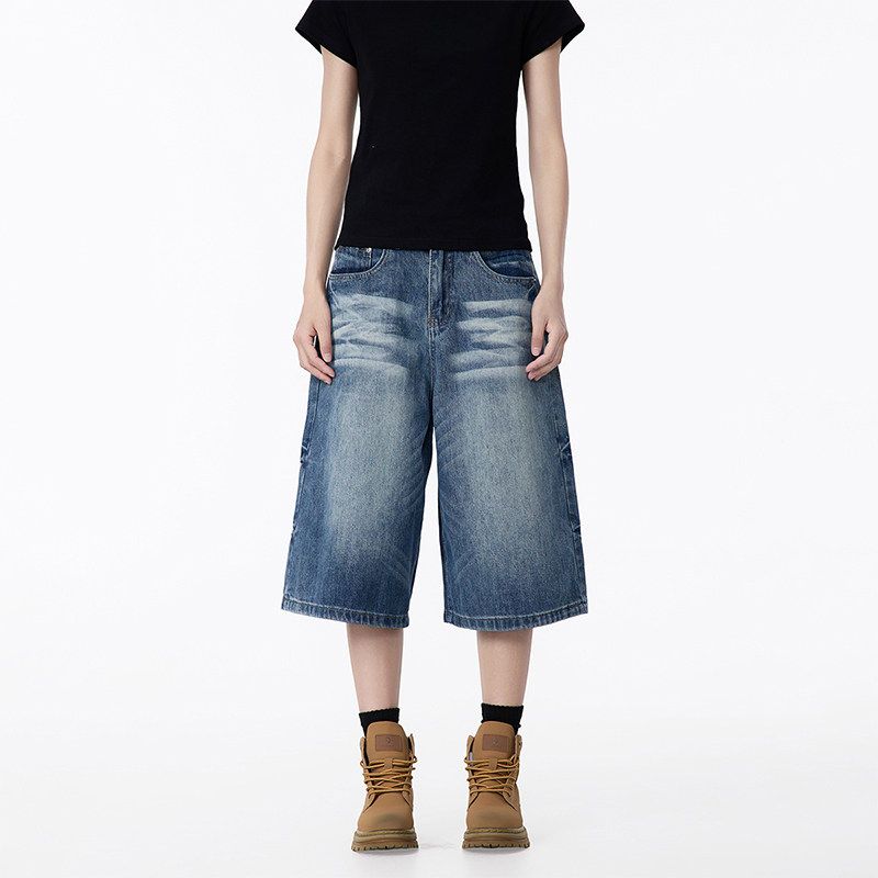 Black of Exit American Retro Washed Denim Shorts Unisex A-Line Loose Fit Cropped Pants Trendy