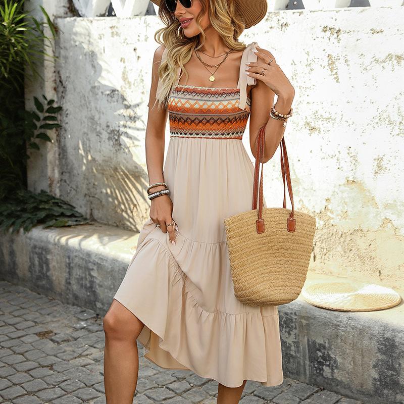 Women Casual Color Block Off Shoulder Embroidered Midi A Line Sleeveless Dress