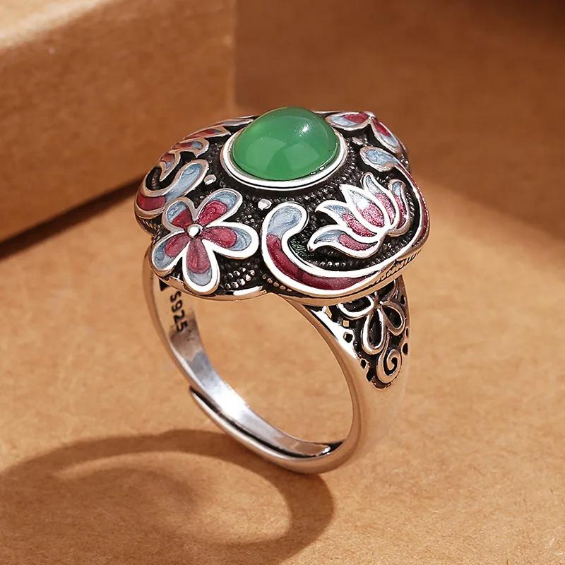 Vintage Ethnic Style Enamel Fired Blue Peony Flower Adjustable Ring for Women  Floral Luxury Party Vacation Jewelry Gifts