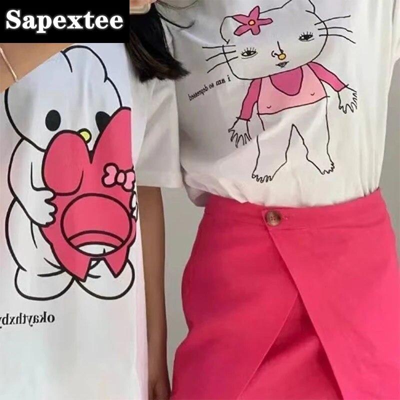 Tricou cu imprimeu pisicuță amuzant în stil japonez Harajuku pentru fete, alb, mai mare, din bumbac, cu gât rotund, cu mânecă scurtă, tricou grunge pentru femei