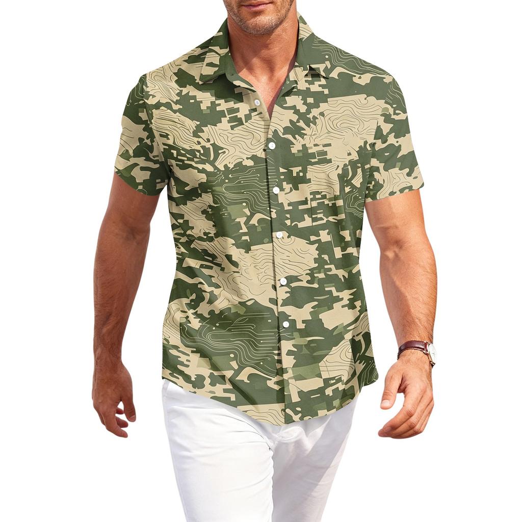 Men's Casual Short Sleeve Button Down Shirt Lightweight Breathable Fabric Regular Fit Summer Top with Camouflage Print Design