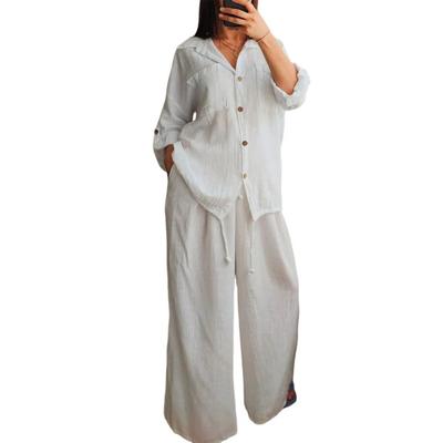 Women's Cotton Linen 2 Piece Outfit Casual Long Sleeve Button Down Drawstring Hem Blouse And Wide Leg Pants Lounge Set